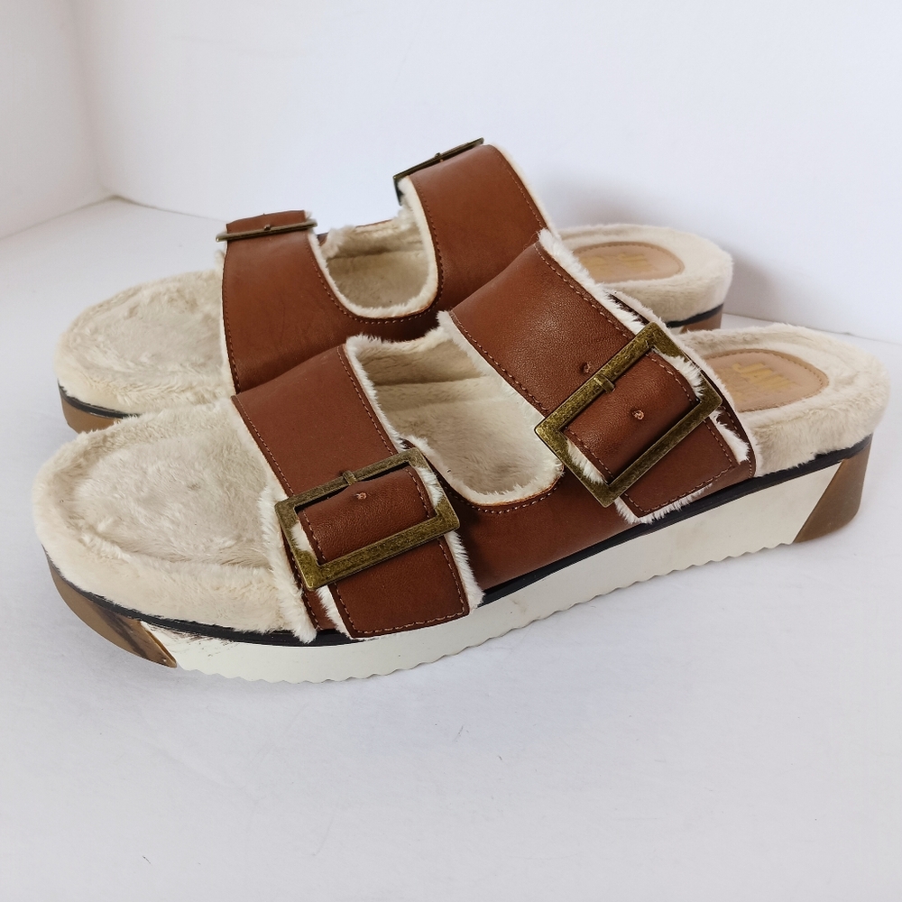 🤍 Jane and the Shoe Faux Fur Strap Sandals Slides Jessica 8 Brown White Buckle